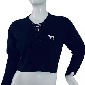 ❤️ LOVE PINK Victorias Secret Black Crop Cropped Hoodie Sweater Sweatshirt M
